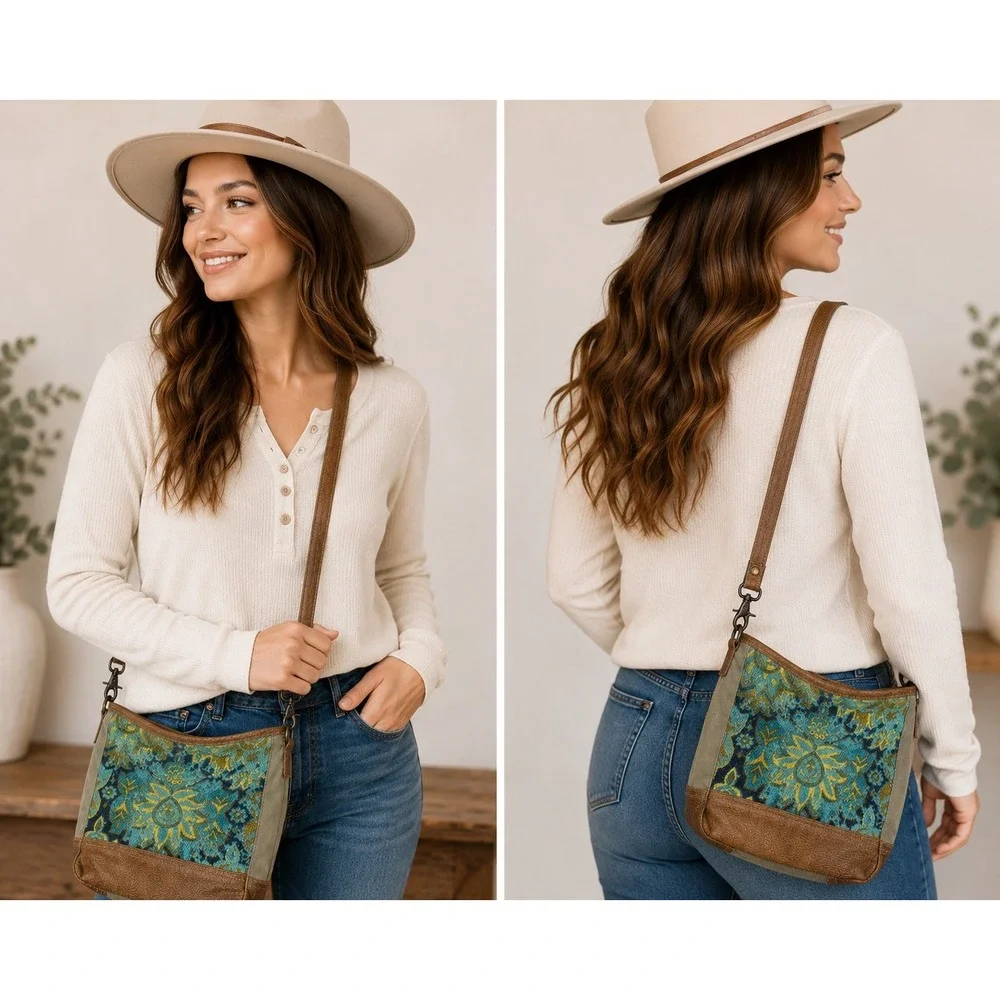 Myra Bag‎ Teal Yellow Tapestry Cotton Canvas Leather Crossbody Bag S-1536